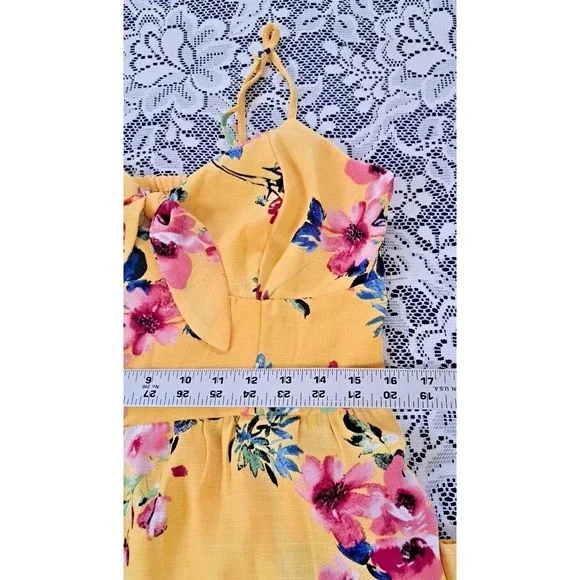 Xhilaration Jumpsuit L Yellow Floral Smocked Back Slit Wide Leg Adjustable Boho - Picture 9 of 14